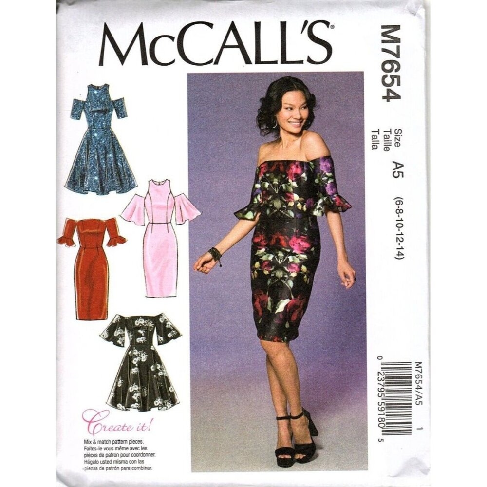 McCall's M7654 Misses or Petite 6 to 14 Bare Shoulder Dress Uncut Sewing Pattern